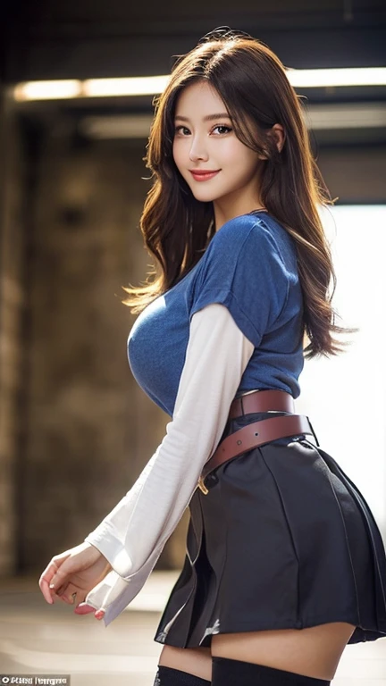 (masterpiece:1.2, Highest quality), (Realistic, photoRealistic:1.4), Beautiful illustrations, (Natural Side Lighting, Cinema Lighting), Looking at the audience, Upper Body, (Front view), 1 girl, Perfect Face, Symmetrical cute face, Glowing Skin, Baby Face, Long eyelashes, (Large Breasts), (Wide Hips),Beautiful Hair, Beautiful Face, Beautiful and beautiful eyes, Beautiful body, Beautiful breasts, Beautiful thighs, Beautiful legs, Beautiful fingers,(Beautiful views),(Cute Smile:1.2, Superior),Knee socks,Layered skirt,(Belted:1.2),