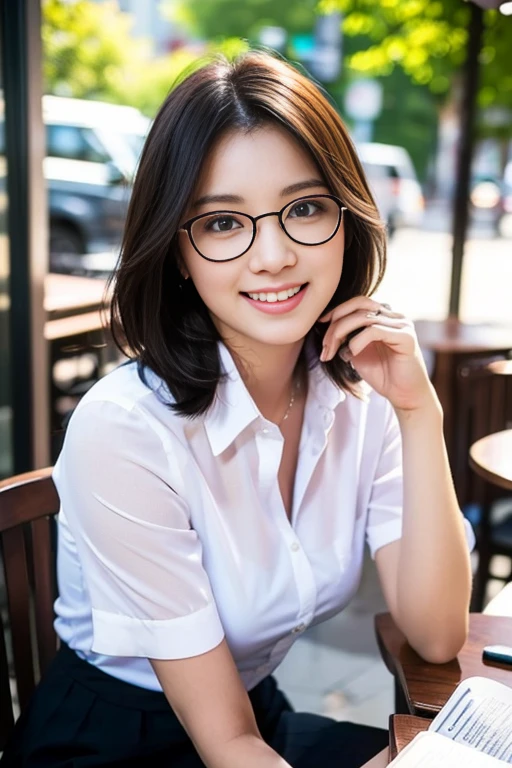(A gorgeous Eurasian lady, age 28, a professional high-school teacher wearing formal office attire, short-sleeve white shirt with pockets & buttons, pencil mini-skirt, sitting to read a book in a outdoor cafe,
friendly, gentle, feminine, metal-frame spectacles, kind smile, dimpled cheeks, cute snaggle-tooth, short hair ponytail, bob hair trimmed, symmetrical face, beautiful detailed face, bright_and_full_of_warmth_eyes, detailed eyes, ample round bosom,
Award-winning, photorealistic, hyper-realism, high contrast, ultra HD, realistic skin textures, top image quality, top-quality, super high resolution, fine details, very meticulously, masterpiece, Candid shot, medium shot, the Cowboy shot, romantic atmosphere, bokeh night background)