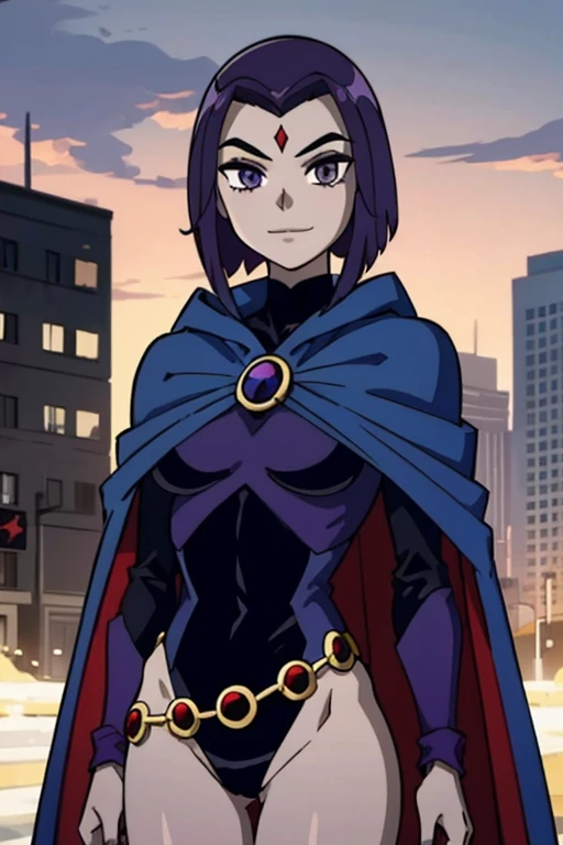 RavenTT,  purple eyes,purple hair,  red jewel in forehead, grey skin,blue cloak, blue cape, black leotard, cape over body, body covered, looking at viewer, smile, quality, standing, city