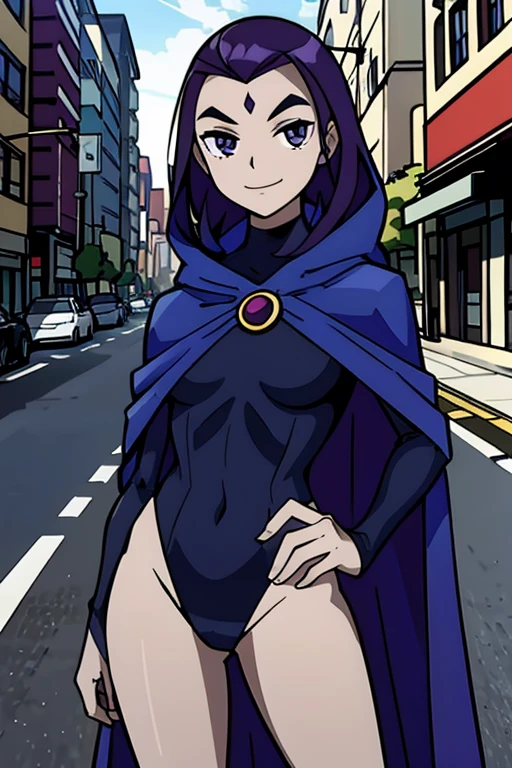 RavenTT, purple eyes,purple hair, red jewel in forehead, grey skin,blue cloak, blue cape, black leotard, cape over body, body covered, looking at viewer, smile, quality, standing, city