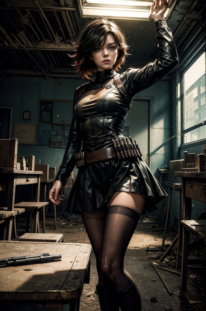 (masterpiece, best quality:1.2), cowboy shot, solo, dynamic pose, 1girl, ruby rose, looking at viewer, military uniform,  pantyhose, standing inside wrecked classroom, ruble on old desks, collapsed ceiling, , bonfire, crowd outside searching with rifles, (crowd in military uniforms) night, stars, closed mouth, serious look, serious expression, post-apocalypse, dystopian future 