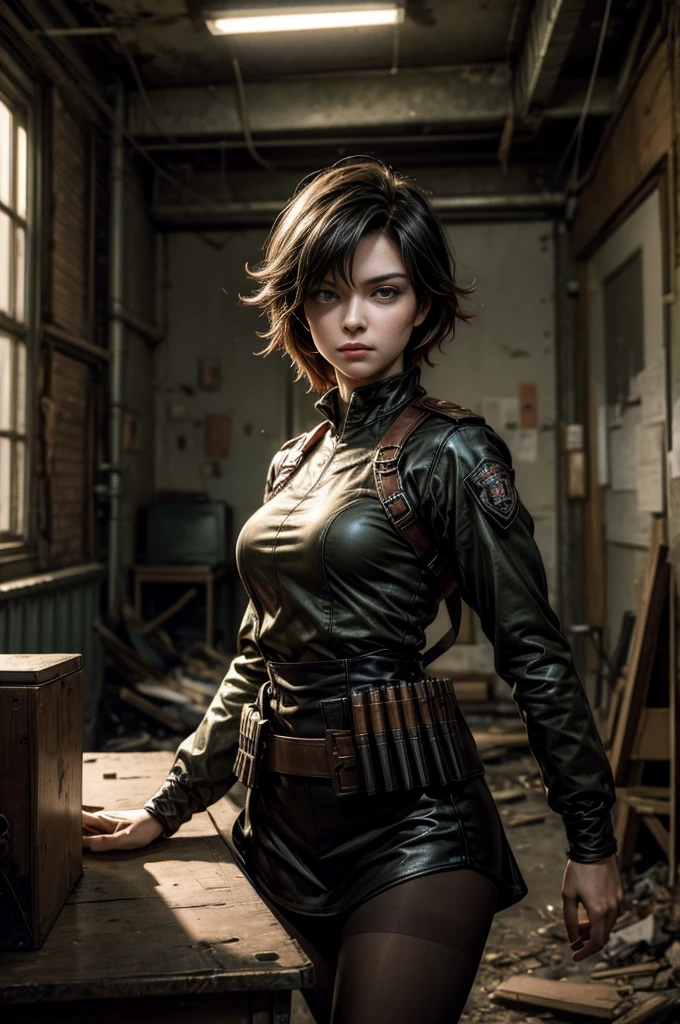 (masterpiece, best quality:1.2), cowboy shot, solo, dynamic pose, 1girl, ruby rose, looking at viewer, military uniform,  pantyhose, standing inside wrecked classroom, ruble on old desks, collapsed ceiling, , bonfire, crowd outside searching with rifles, (crowd in military uniforms) night, stars, closed mouth, serious look, serious expression, post-apocalypse, dystopian future 