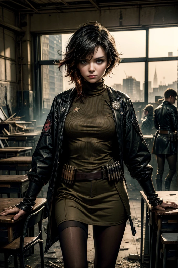 (masterpiece, best quality:1.2), cowboy shot, solo, dynamic pose, 1girl, ruby rose, looking at viewer, military uniform, pantyhose, standing inside wrecked classroom, ruble on old desks, collapsed ceiling, , bonfire, crowd outside searching with rifles, (crowd in military uniforms) night, stars, closed mouth, serious look, serious expression, post-apocalypse, dystopian future