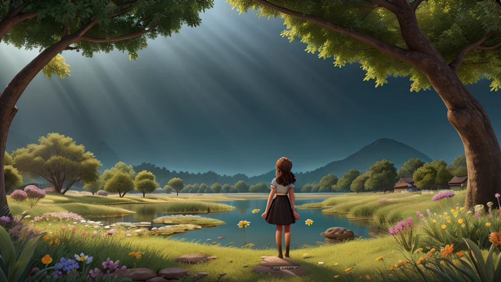 1 Girl with brown hair and dress kneeling, looking at a lake with polluted black water, surrounded by withered flowers, illustrative of disney, colores brown, pollution, continuous landscape, withered flowers, (Best Quality, 4k, 8k,High resolution,masterpiece:1.2) Dark flowers background., evil atmosphere, dark colors, green, brown, dark fantasy elements, dark light rays. Great composition with great detail, back view, perspective from behind, back angle sad detailed colorful flowers, estan muriendo por la pollution,