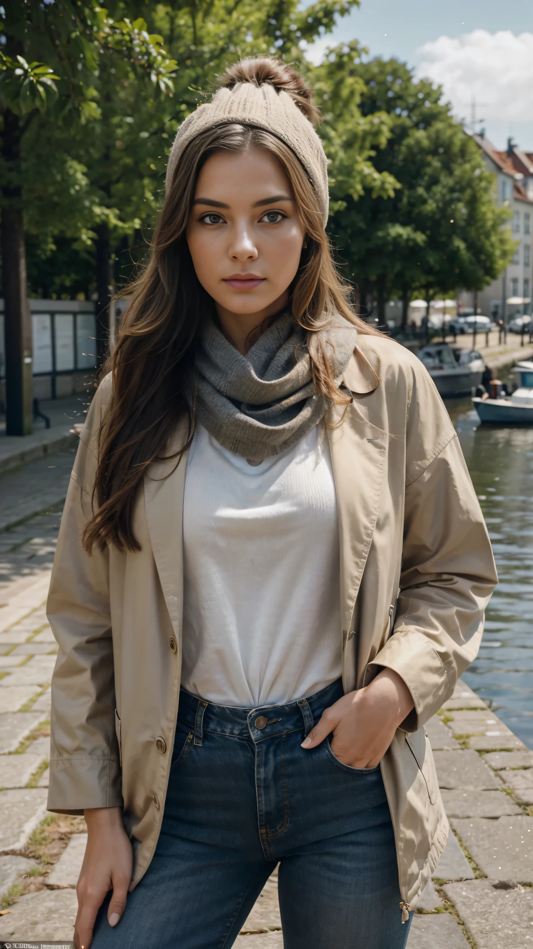 (Masterpiece:1.3), high definition, ultra-detailed, ultra-detailed CG Unity 8k wallpaper, realistic, photorealistic, RAW photo, beautiful detailed face, pale skin, realistic glittering skin, detailed fabric texture, detailed hair texture, perfect body, beautiful face, accurate, anatomically correct, In this picturesque rural scene in Denmark, a 29-year-old model exudes confidence and elegance as she stands in front of a port in Denmark ((Copenhaagen)) Is. With an elegant cap on her head, her long, straight hair falls over her shoulders, highlighting her natural beauty. She stands in front of a harbour with crooked slopes in Denmark ((Copenhagen)), takes a selfie and captures the tranquility of the surroundings with her symmetrical face and hypnotic grey eyes. The model's light brown skin shines in the warm sun, while her statuesque figure blends harmoniously into the surrounding nature, Dressed in a spring outfit, Spring Jacket, Spring Jeans, Thin scarf, her unique and refined style adds a touch of class to the rural environment of Denmark (Copenhagen). The ultra-realistic quality of the image, shot in 8k HD, highlights every detail of the rural setting and highlights the model's ability to impress with her charisma and style.