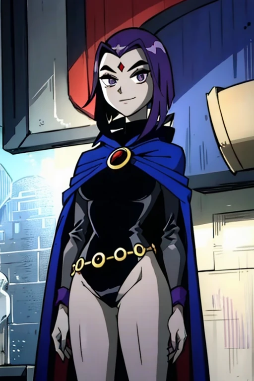 RavenTT,  purple eyes,purple hair,  red jewel in forehead, grey skin,blue cloak, blue cape, black leotard, cape over body, body covered, looking at viewer, smile, quality, standing, city