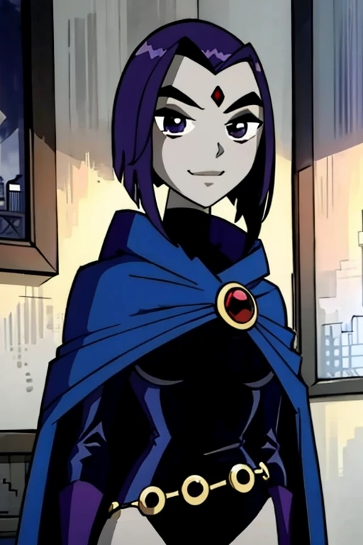 RavenTT, purple eyes,purple hair, red jewel in forehead, grey skin,blue cloak, blue cape, black leotard, cape over body, body covered, looking at viewer, smile, quality, standing, city