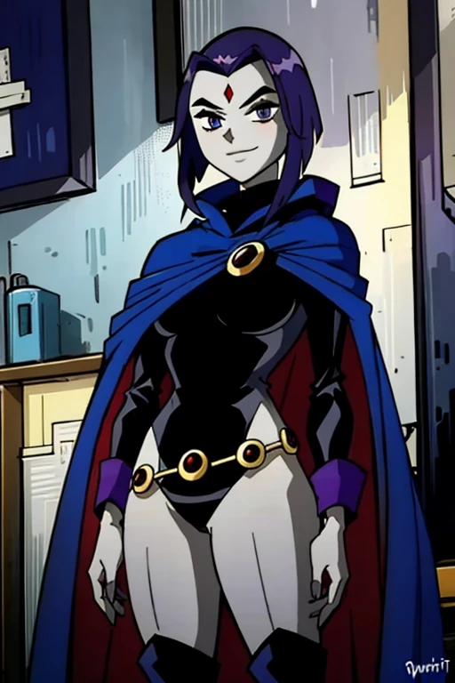 RavenTT, purple eyes,purple hair, red jewel in forehead, grey skin,blue cloak, blue cape, black leotard, cape over body, body covered, looking at viewer, smile, quality, standing, city
