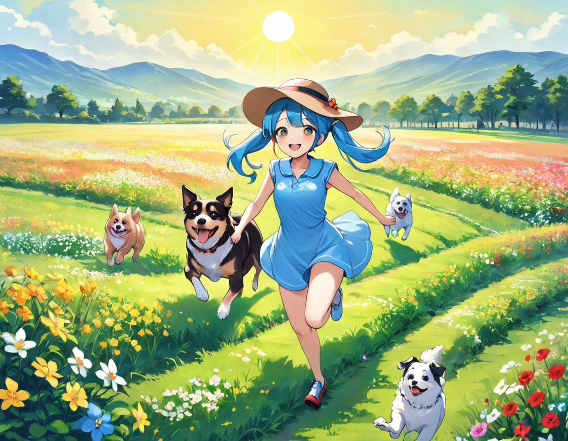 Light blue long hair、beautiful girl with twin tails、Bright smile、The girl in the hat is running with her dog through a green field full of flowers.。Many dogs are also running happily with me.、Large in the center、