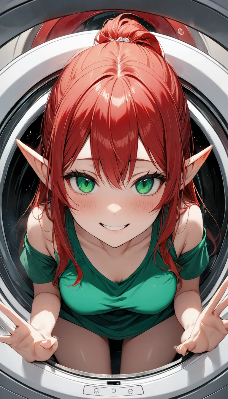 1 female elf with long fire red hair, emerald green eyes and an evil mischievous smile. She's looking from the closed glass door of a washing machine. Inside the washing machine there is a pile of clothes, and one tiny guy with black hair on top of the clothes, desperately begging to get out! POV from inside the washing machine. best quality, absurdly detailed