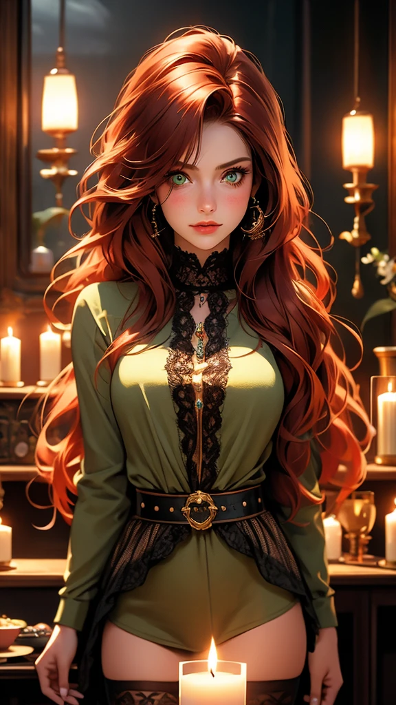 A beautiful girl with long red hair and green eyes, wearing striped thigh-highs and a shirt with torn details, standing in a candlelit room, her arms crossed as she gazes intensely at the viewer, the flickering flame casting a warm glow on her face and freckled skin, intricate nail polish on her fingers as she holds her own arm, a lamp and additional candles illuminating the scene, medium breasts, photorealistic, highly detailed, 8k, masterpiece