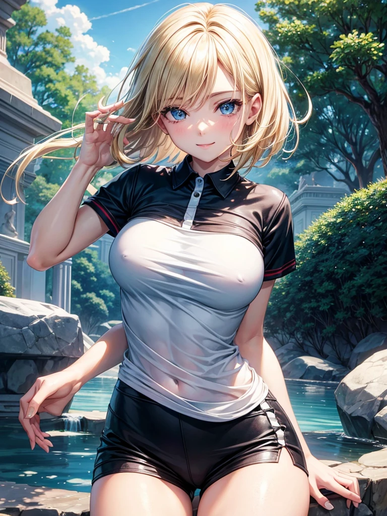 Anime style, super fine illustration, highly detailed, beautiful detailed, pale tone image, static representation, gentle expression, 8k, pretty 1girl with blonde straight short hair & blue eyes & a bright smile & full bust & soft fair skin is wearing the black polo shirt  & sportshorts, in the park, in the morning, in the brilliant particles of lights, romantic stories, solo, perfect 5fingers, perfect arms, perfect legs, masterpiece.