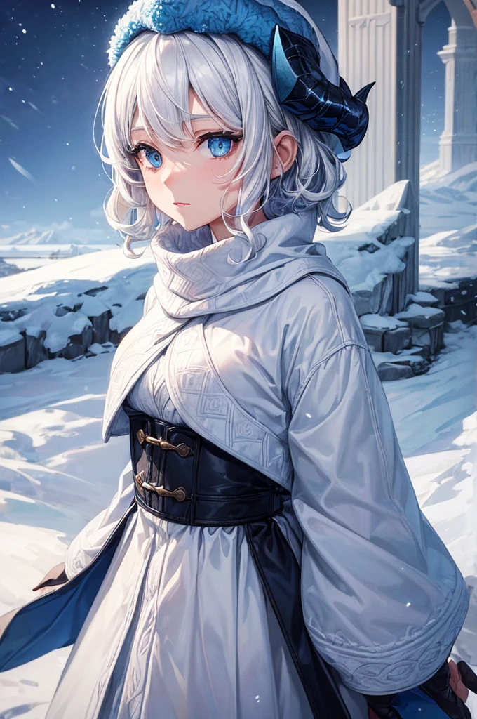 ((best qualityer)), ((work of art)), (detailded), 1 girl, white hair color, short curly hair, blue colored eyes, ice element dragon horns, winter clothing, winter hat