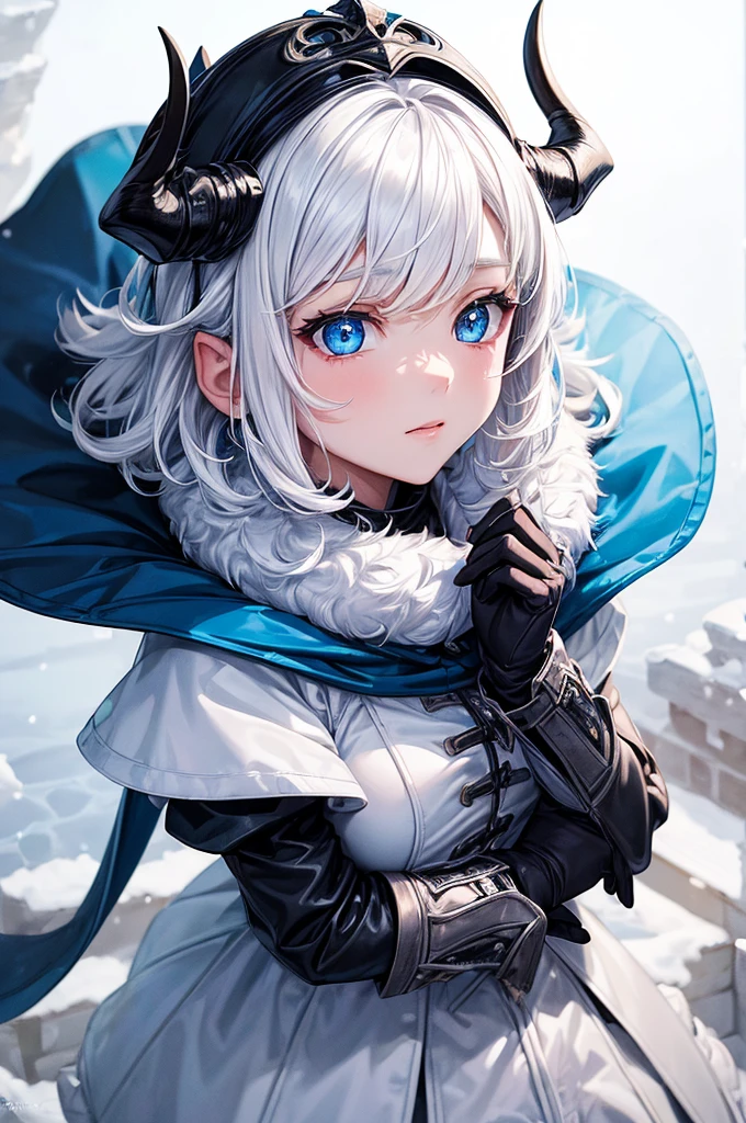 ((best qualityer)), ((work of art)), (detailded), 1 girl, white hair color, short curly hair, blue colored eyes, ice element dragon horns, winter clothing, winter hat 