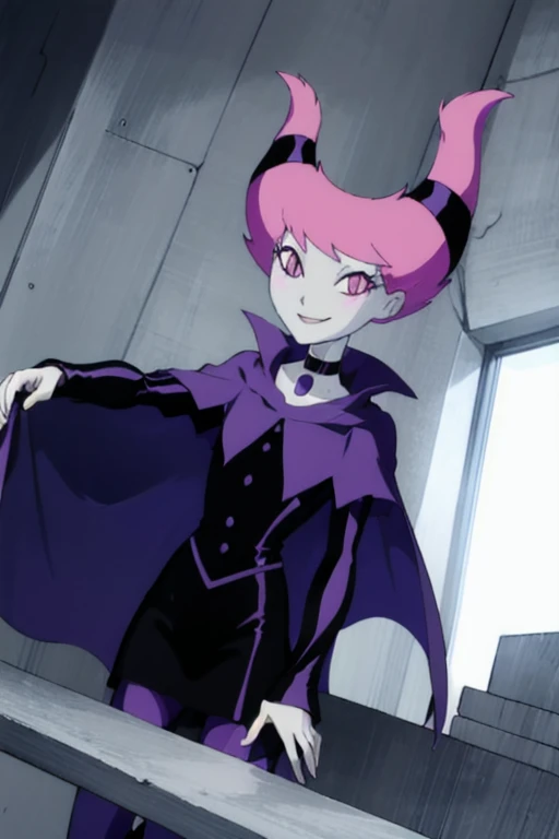 Jinx_Titans, 1girl, solo, pink eyes, pink hair, grey skin, hair up, pale skin, medium hair, hair horns, choker, striped pantyhose, capelet, black dress, jewelry, smile, cape