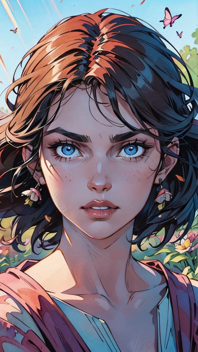 This artwork is dreamy,With a style of mythological fantasy, Soft watercolor tones,Shades of pink, Blue, and purple. Generate gorgeous characters from Greek mythology and realistic skin and hair textures. Her strength, Proud face with realistic shadowed eyes and puffy lips, And a big mouth. Her softness, Realistic hair dancing in the breeze,Surrounded by flowers and delicate butterflies. Includes highly detailed fantasy style,Includes beautiful watercolor sky. Includes 8K eyes, hires eyes, Beautiful detail eyes, Beautiful detailed eyes, and realistic eyes. Including fantasy details, Enhanced detail, rainbowing, and colorful glitter. Pay special attention to her face,Make sure it's beautiful and realistic details. 8K, Intricate, elegant, Highly detailed, Majestic, Digital photography, Art by Artgerm and Ruan Jia and Greg Rutkowski, (((Masterpiece, fine detailed beautiful eyes: 1.2))), hdr, ((Realistic skin texture)), llight rays, ornate flowers, dewdrops, Sunlight, Hazy sunlight, estilo FlowerGateway, Castle, Palace, Archway, Flowers, Growing