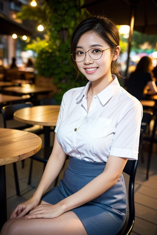 (A gorgeous Eurasian lady, age 28, a professional high-school teacher wearing formal office attire, short-sleeve white shirt with pockets & buttons, pencil mini-skirt, sitting to read a book in a outdoor cafe,

friendly, gentle, feminine, metal-frame spectacles, kind smile, dimpled cheeks, cute snaggle-tooth, short hair ponytail, bob hair trimmed, symmetrical face, beautiful detailed face, bright_and_full_of_warmth_eyes, detailed eyes, ample round bosom,

Award-winning, photorealistic, hyper-realism, high contrast, ultra HD, realistic skin textures, top image quality, top-quality, super high resolution, fine details, very meticulously, masterpiece, High angle shot, Candid shot, positive affirmation, serene ambience, bokeh night background, SFW)