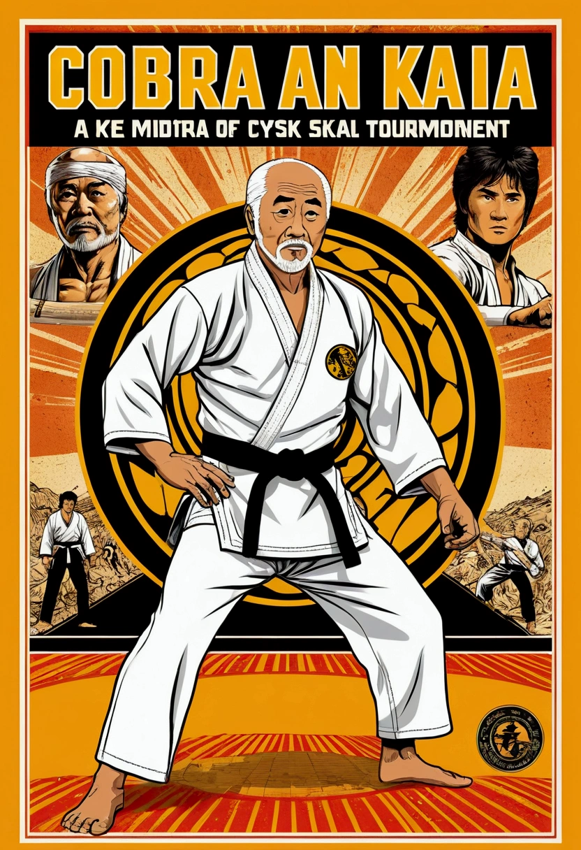 A charismatic sensei MR. MIYAGI, ACTOR PAT MORITA, in a white gi and black belt, alone. The main words of the title "Cobra Kai: Sekai Taikai Karate Tournament" on the cover of a Karate Championship poster. As secondary title "Cobra Kai Never Dies". Visible background of the fighting mat. illustrated in vibrant, comic book-inspired art with bold lines, dynamic poses, and radiant colors, evoking a sense of energetic chaos and Western Wrestler style, with a weathered, weathered texture feel as if it was ripped from a newsstand vintage. Orange and yellow are mainly colors like it's dawn.