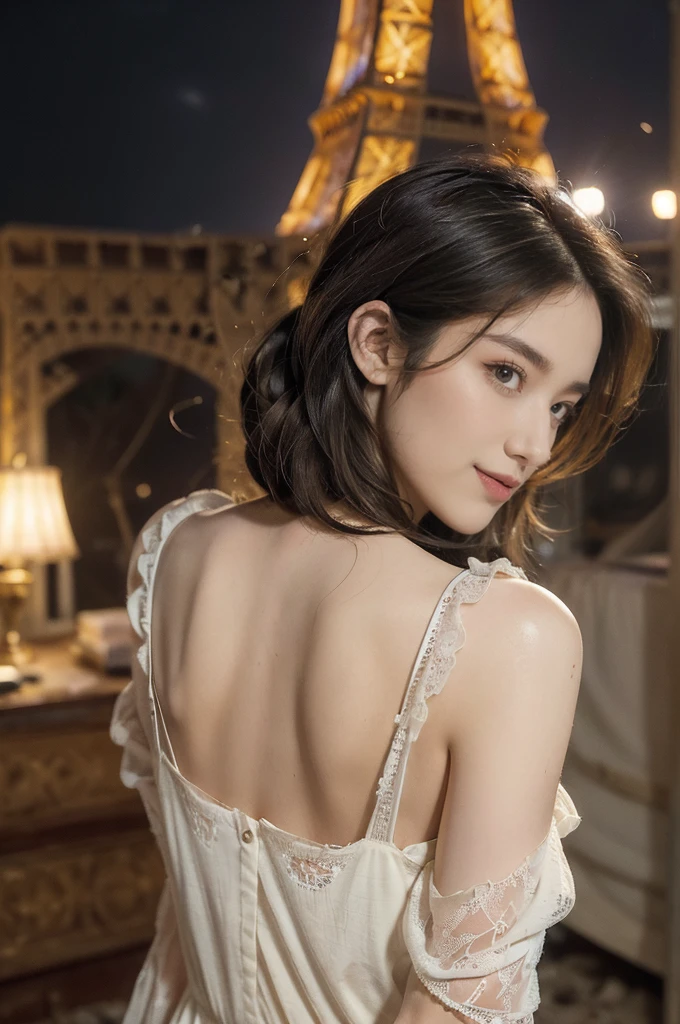 (((best quality))), (((ultra detailed))), (((masterpiece))), illustration,((a beautiful girl,solo)),(medium straight bob:1.3),((slim,thin)),((bare back,towering hips,butt crack)),(torn tattered short-sleeved sheer nightgown:1.3), (delicate skin:1.2), ,(in dark dilapidated bedroom:1.3),(rundown hotel:1.3),((faded walls, peeling paint, dusty carpet)),(standing:1.3),((window, city view, weak lights)),(majestic Eiffel Tower:1.3),(smile:1.2), tranquility, rough surroundings, edgy beauty,detailed eyes, hidden fire, soul,(summer:1.2),(night scene:1.3),((from back,upper body))