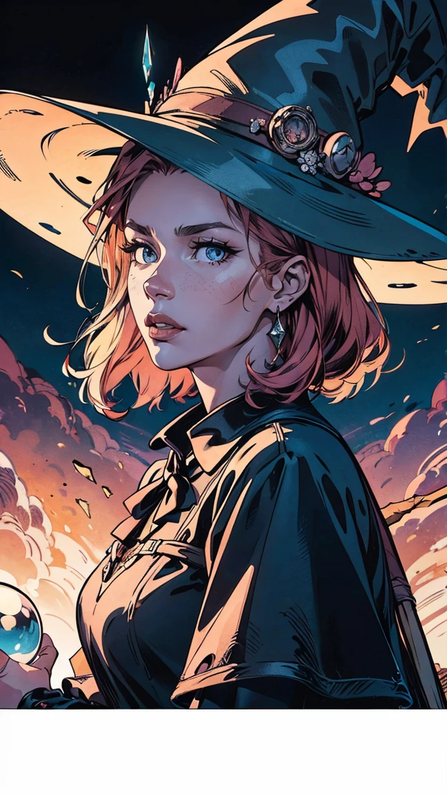 "Witchy Accessories": An illustration showcasing the iconic accessories of witches, including a pointed hat, broomstick, cauldron, and crystal ball, arranged in a visually appealing composition, Ultra realism, color field printing, high detail, UHD, 8k, anatomically correct, cinematic lighting 4d quality
