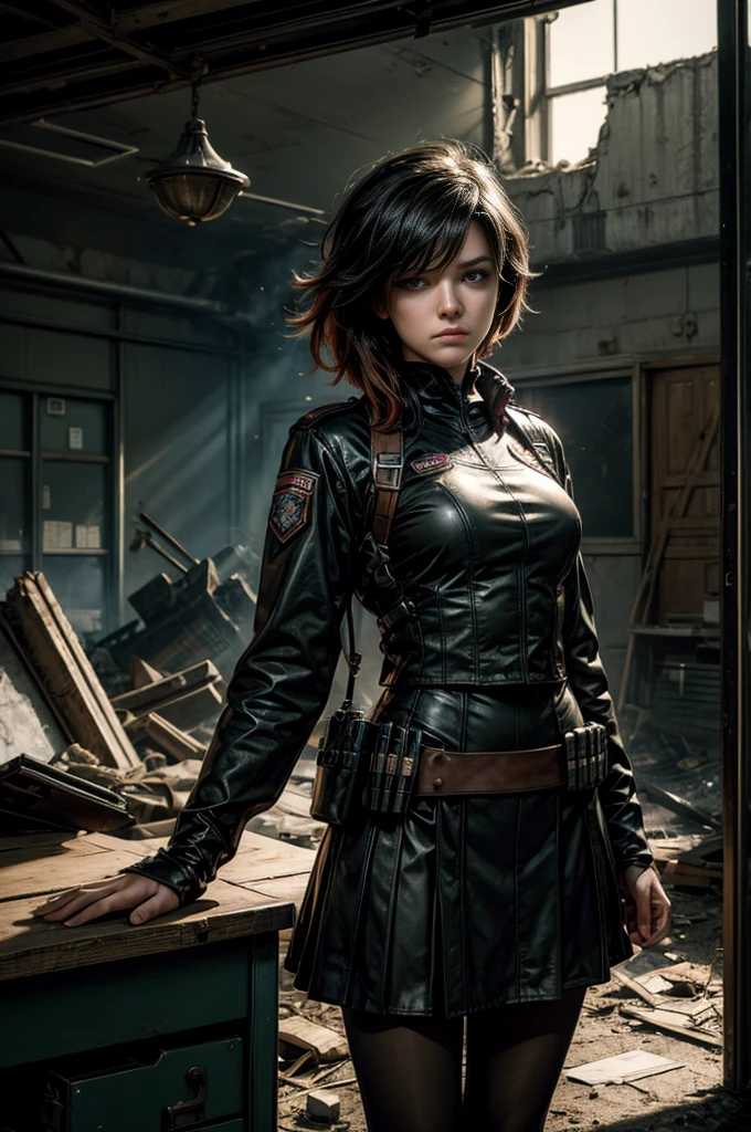 (masterpiece, best quality:1.2), cowboy shot, solo, dynamic pose, 1girl, ruby rose, looking at viewer, military uniform,  pantyhose, standing inside wrecked classroom, ruble on old desks, collapsed ceiling, , bonfire, crowd outside searching with rifles, (crowd in military uniforms) night, stars, closed mouth, serious look, serious expression, post-apocalypse, dystopian future 