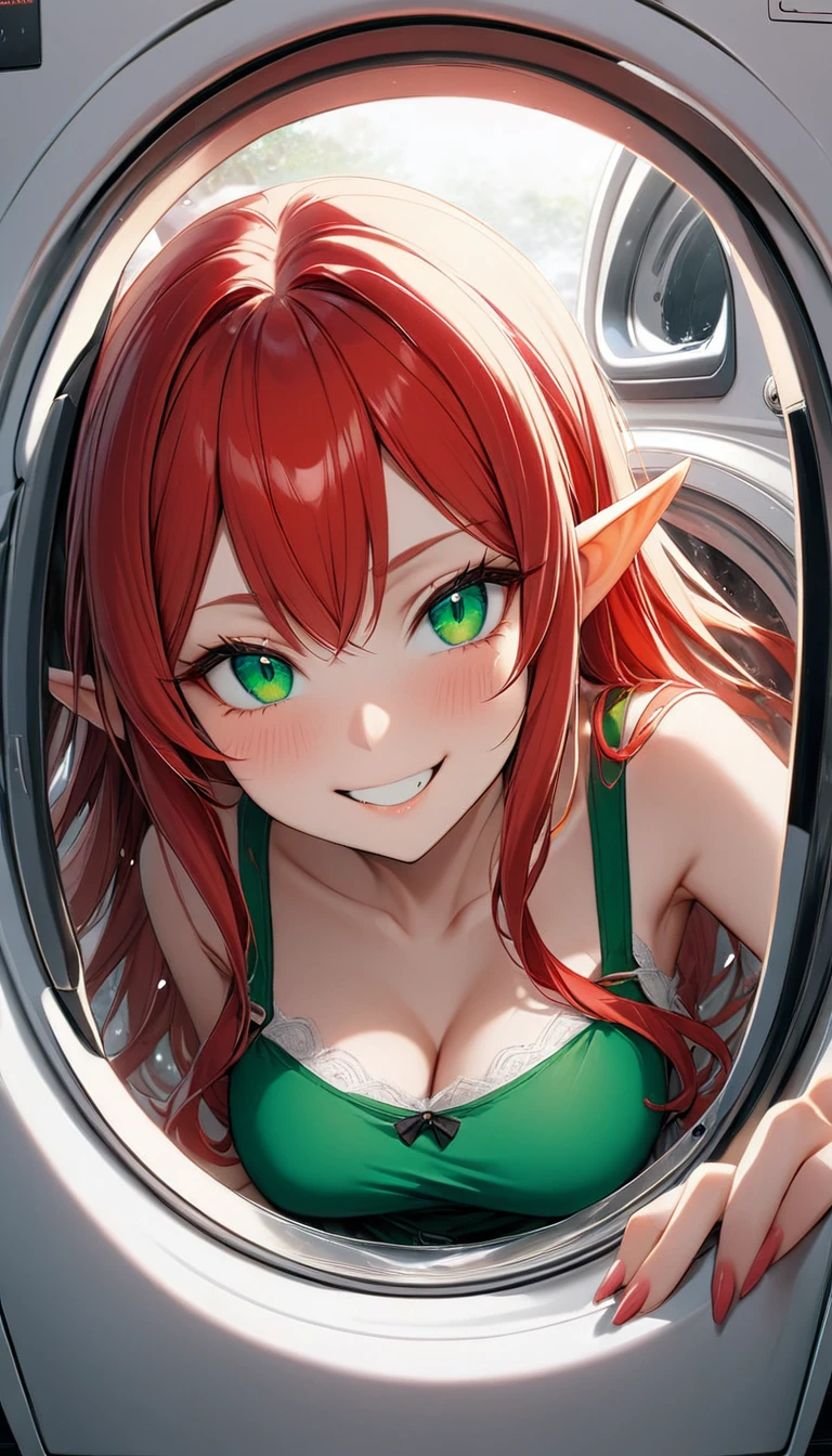 1 female elf with long fire red hair, emerald green eyes and an evil mischievous smile. She's looking from the closed glass door of a washing machine. Inside the washing machine there is a pile of clothes. POV from inside the washing machine, with the elf looking to inside the machine. best quality, absurdly detailed
