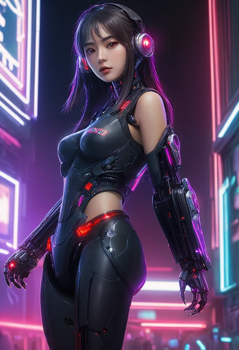 xxmixgirl. Highly detailed professional 35mm film, bokeh, face in sharp focus. A robotic female, Miku, with ((metal skin)), ((perfect Asian eyes)) with magenta irises and ((black pupils)), beautiful serious (detailed face), 18 year old ((photorealistic face)), very long magenta twin tails of magenta hair, twin black hair ties with a single red stripe. She may have a black audio headpiece. We can see her ((full body)) down to her boot soles. Her outfit is a sleeveless collared light grey shirt, outlined in red around the frilled collar and hems. Shiny reflective ((metallic breast cups, dimpleless)), invisible nipples. She wears black sleeves with red hems that start around her upper arm and bellow out as the sleeves open and extend to her wrists, with wide trumpet red rimmed cuffs. She has perfect robotic (detailed hands). She wears a red colored tie with two horizontal solid parallel black lines halfway across. She wears a fabric black skirt with a horizontal red hem at the bottom all the way around; her (((black skirt wraps around her))) and ((her skirt completely covers)) her robotic waist and thighs. Tall black boots with red bottom soles, a red rim around the top at her thighs. Her mechanical shoulder joints are visible. We can see her robotic legs and robotic neck. Half of her is covered with shiny polished machinery. The background is a distant dark neon futuristic Japanese city, gold, cyan, violet neon, near harbor or mountains.