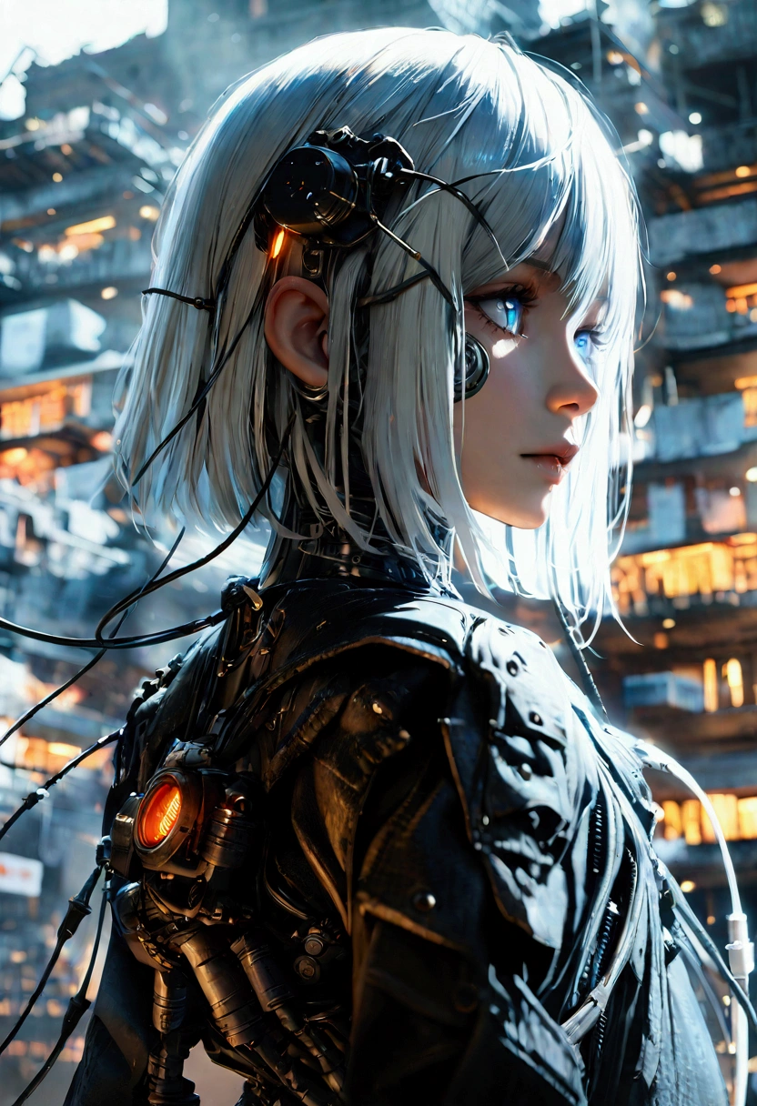 (masterpiece:1.2,high quality), 1 Girl, ((Ultra-realistic details)), Global Illumination, shadow, Unreal Engine, Octane Rendering, 8K, Extremely sharp, Metal, complex, Accessory details, highly complex details, Gray blue eyes, (Mechanical:1.2), longWhite hair, (Black gas mask), gear, Bob Cut, Hundreds of wires, Earthling, (, Android:1.15), Revelation, Damaged buildings