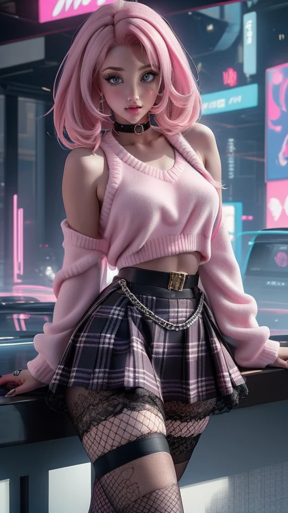 (The best quality,A high resolution,Ultra - detailed,actual),Ariana Grande fre3ckles, redhead, grey eyes, parts, 1 girl,  pl34tp1nk, plaid skirt, fishnet stockings, chains, bare shoulders, Pink sweater, black sleeveless top,,( cyberpunk 2.1)