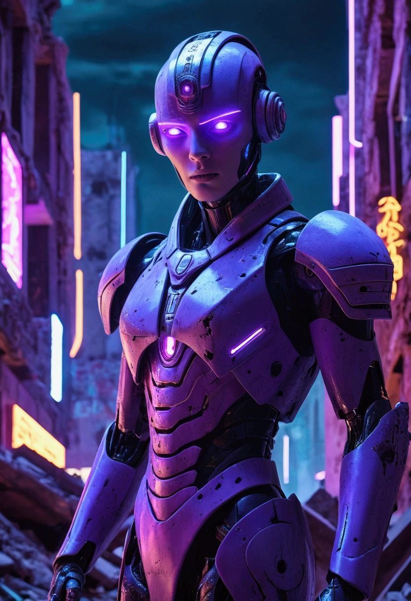 A futuristic android awakening in the ruins of a neon-lit city, with glowing purple eyes and advanced technology, amidst remnants of ancient battles