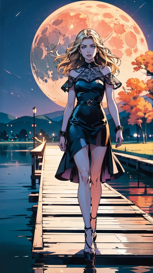 an award winning photoshoot, picture of an extremally beautiful woman model walking on a fashion the (wood catwalk on the runway of a famous fashion show: 1.1) floats on a lake at night, a very beautiful woman, elite Beauty model, long hair, blond hair, green eyes, wearing elegant Haut Couture dress, black dress, wearing high heels, the model's (Catwalk on the runway of a famous fashion show) floats on a lake at night, the model being reflected in the lake, its night time, moon light, reflections, high detail, award winning, best quality, UHD, 16K, rendering, high details, best quality, highres, scenery , ultra wide angle