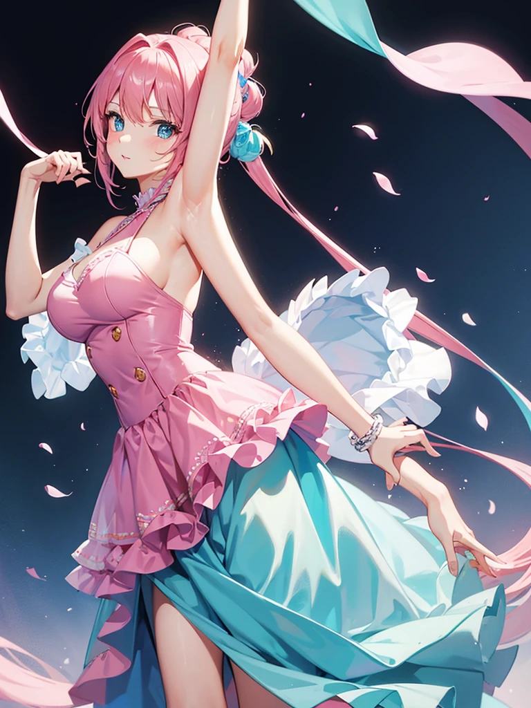 woman, dancer, pink hair, pretty cute dress, blue eyes