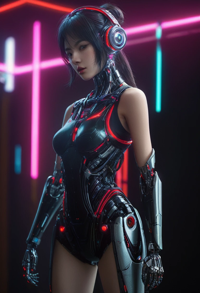 xxmixgirl. Highly detailed professional 35mm film, bokeh, face in sharp focus. A robotic female, Miku, with ((metal skin)), ((perfect Asian eyes)) with magenta irises and ((black pupils)), beautiful serious (detailed face), 18 year old ((photorealistic face)), very long magenta twin tails of magenta hair, twin black hair ties with a single red stripe. She may have a black audio headpiece. We can see her ((full body)) down to her boot soles. Her outfit is a sleeveless collared light grey shirt, outlined in red around the frilled collar and hems. Shiny reflective ((metallic breast cups, dimpleless)), invisible nipples. She wears black sleeves with red hems that start around her upper arm and bellow out as the sleeves open and extend to her wrists, with wide trumpet red rimmed cuffs. She has perfect robotic (detailed hands). She wears a red colored tie with two horizontal solid parallel black lines halfway across. She wears a fabric black skirt with a horizontal red hem at the bottom all the way around; her (((black skirt wraps around her))) and ((her skirt completely covers)) her robotic waist and thighs. Tall black boots with red bottom soles, a red rim around the top at her thighs. Her mechanical shoulder joints are visible. We can see her robotic legs and robotic neck. Half of her is covered with shiny polished machinery. The background is a distant dark neon futuristic Japanese city, gold, cyan, violet neon, near harbor or mountains.