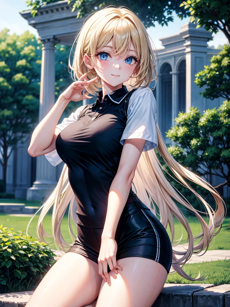Anime style, super fine illustration, highly detailed, beautiful detailed, pale tone image, static representation, gentle expression, 8k, pretty 1girl with blonde straight short hair & blue eyes & a bright smile & full bust & soft fair skin is wearing the black polo shirt & sportshorts, in the park, in the morning, in the brilliant particles of lights, romantic stories, solo, perfect 5fingers, perfect arms, perfect legs, masterpiece.