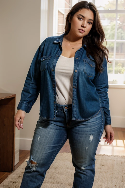 Chubby woman size XXXL posing standing in exclusive clothing in jeans or loose clothing and a pretty blouse