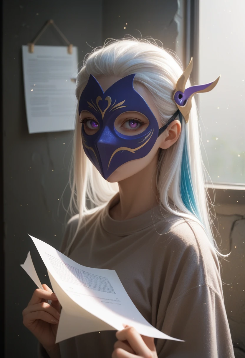 1girl, White hair, Multicolored hair, Purple eyes, mask on head, Side lighting, Light particles, Wall paper,
