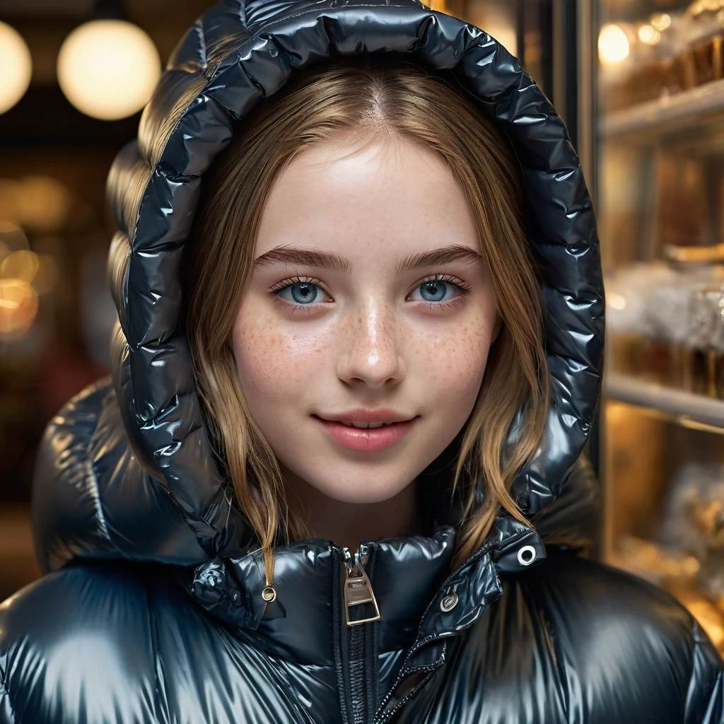 a slim ponytail 16 year old girl,beautiful detailed eyes,beautiful freckles,beautiful detailed lips,extremely detailed eyes and face,longeyelashes,in beautiful detailed hooded opened formfitting duvetica overfilled super gleamy thick glossy puffer jacket covering puffer vest,latex leggings,symmetrical,standing in a pufferstore,masterpiece,cinematic,lifelike,hyperrealistic,8k,photorealistic,highly detailed,intricate,exquisite,elegant,beautiful,stunning,bestie is smiling