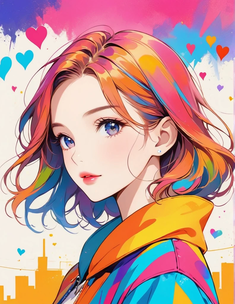 Micho colorful style, Simple Line Initialism，Abstract art，Urban Background, (((The most beautiful girl of all time))), Sweet face. Lips in love, colorful hearts, stylish design