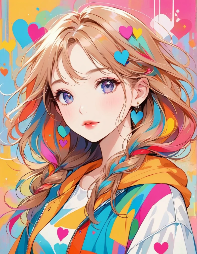 Micho colorful style, Simple Line Initialism，Abstract art，Urban Background, (((The most beautiful girl of all time))), Sweet face. Lips in love, colorful hearts, stylish design