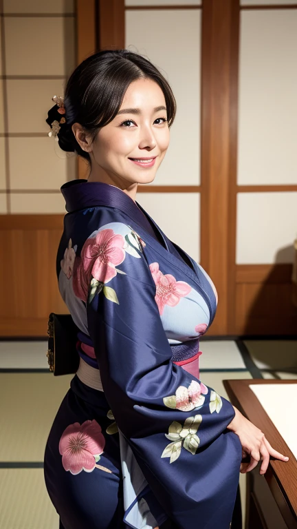 Mature attractive sexy woman,50 years old, ((kimono)),((Navy Blue))、(((kimono))),Shut,((Big Breasts:1.1)),(Facial wrinkles:1.3),light makeup,Light brown hair,Long Hair,(Full body photo:0.85),(Emphasize big buttocks),8k, RAW Photos, Highest quality, Laughter,masterpiece,Highest quality、A kind smile、A captivating gaze、Random Hairstyles、Japanese-style room、Shoji Screen、lanthanum、