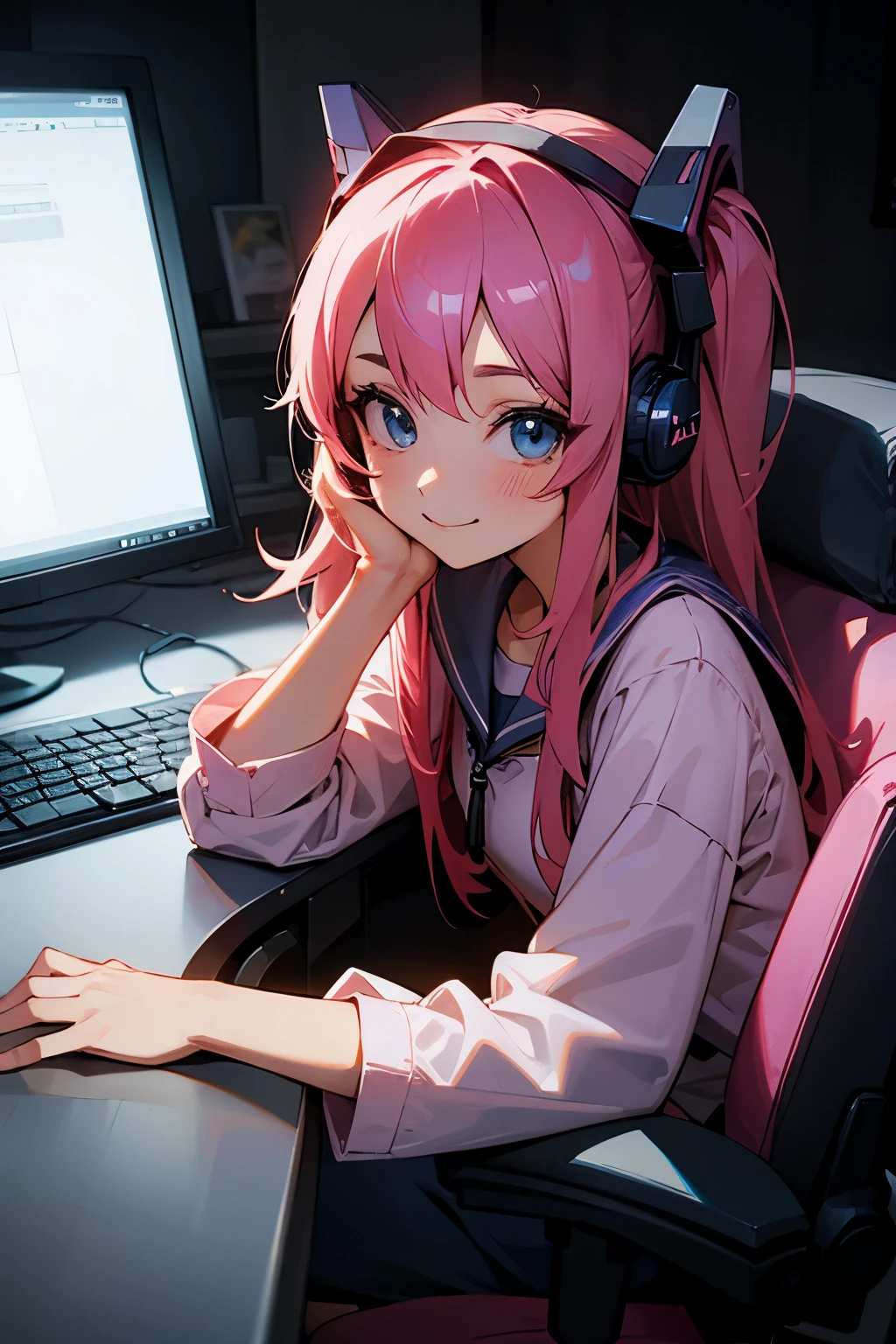 she is sitting at the computer, anime girl, streamer, happy, undefined, Realism, perfect quality