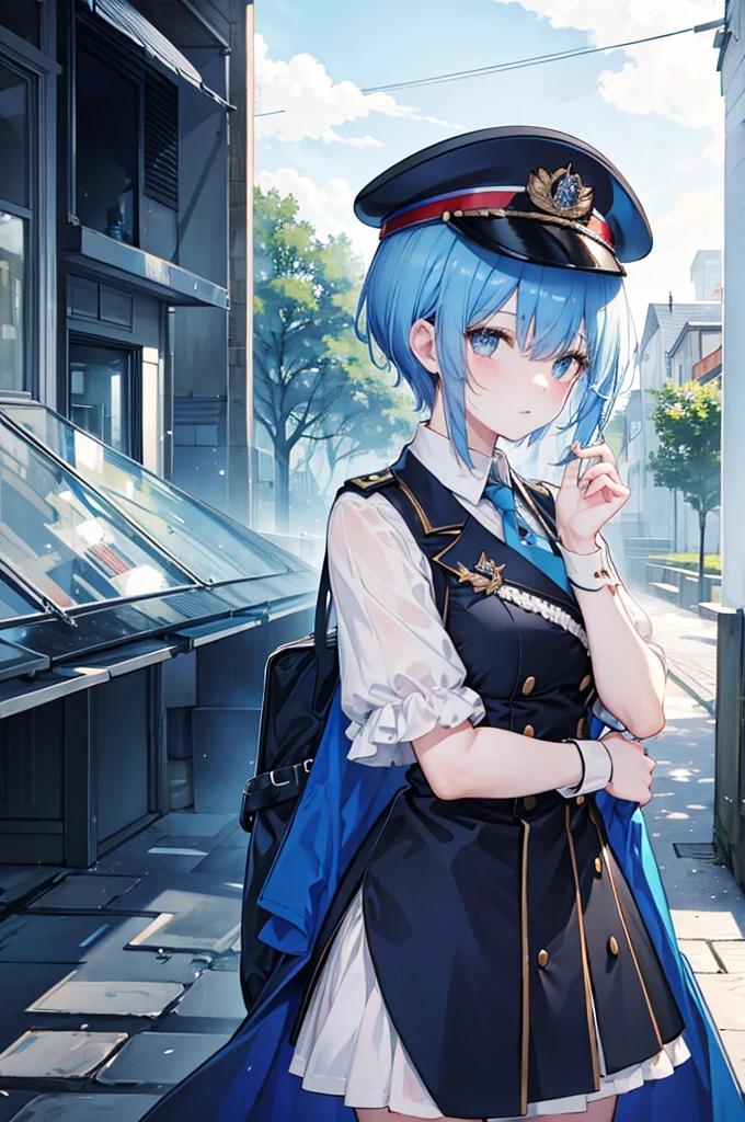 「Blue short hair」in「Wearing a German officer's cap」Girl。「Black cloak」Wearing。Background「Berlin city as a battlefield in 1945」。