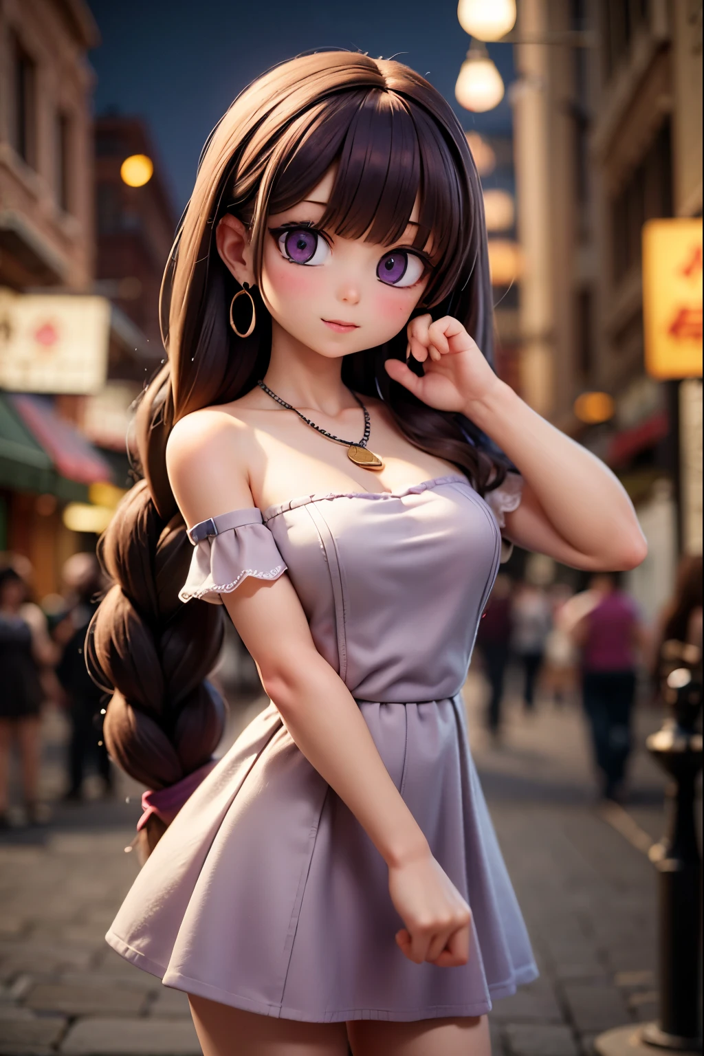 masterpiece, best quality, ultra high res,photon mapping,best shadow,portrait,beauty detail,ultra high detail,long purple hair,single braid,blunt bangs,medium breasts,city,chinatown,downtown,see through, short dress, low cut:2, hair ornament, earrings, necklace, portrait, silver dress:2, looking at viewer,solo,professional light, detailed skin,