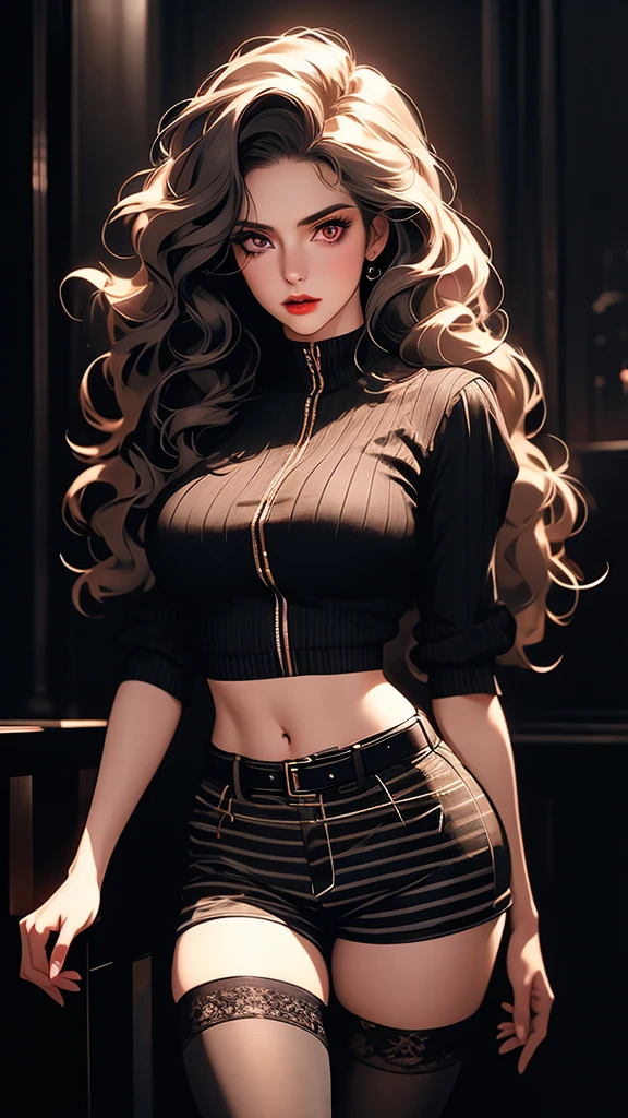 1girl, striped thigh-highs, red and white striped stockings, shorts, black crop top tucked into shorts, belt, long curly hair, beautiful detailed eyes, medium bust, nipples covered, photorealistic, 8k, highly detailed, intricate details, elegant, dramatic lighting, cinematic, moody colors, soft colors
