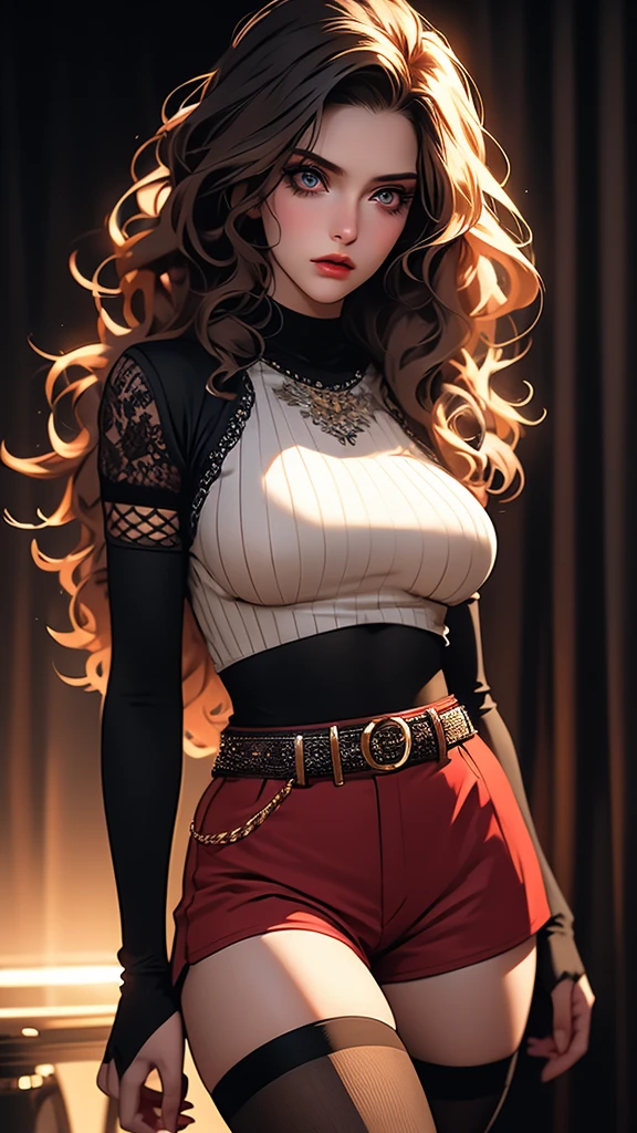 1girl, striped thigh-highs, red and white striped stockings, shorts, black crop top tucked into shorts, belt, long curly hair, beautiful detailed eyes, medium bust, nipples covered, photorealistic, 8k, highly detailed, intricate details, elegant, dramatic lighting, cinematic, moody colors, soft colors