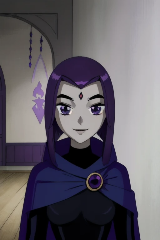 RavenTT,  purple eyes,purple hair,  red jewel in forehead, grey skin,blue cloak, blue cape, cape over body, body covered, solo, purple hair. Purple eyes, smile, best quality, masterpiece, 1girl, Masterpiece, Best Quality, Detail, room, From Behind, From Below, cape in front, Zoom Layer, 