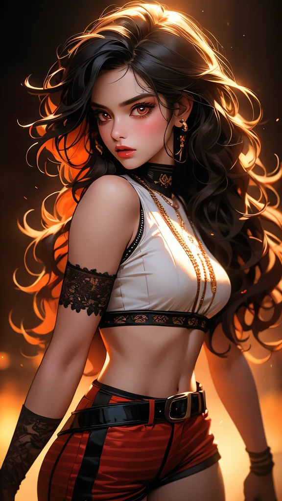 1girl, striped thigh-highs, red and white striped stockings, shorts, black crop top tucked into shorts, belt, long curly hair, beautiful detailed eyes, beautiful detailed lips, extremely detailed face, longeyelashes, medium bust, nipples covered, studio lighting, highly detailed, cinematic lighting, photorealistic, realistic skin texture, dynamic pose, intricate details, warm color palette, glowing skin, hyper detailed, vibrant colors, award winning photography, ethereal, elegant, alluring, portrait