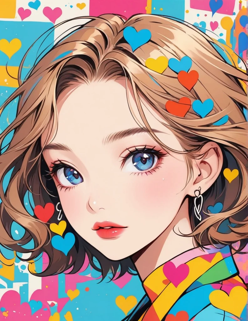 Keith Haring colorful style, Simple Line Initialism,Abstract art,Urban Background, (((The most beautiful girl of all time))), Sweet face. Lips in love, colorful hearts, stylish design