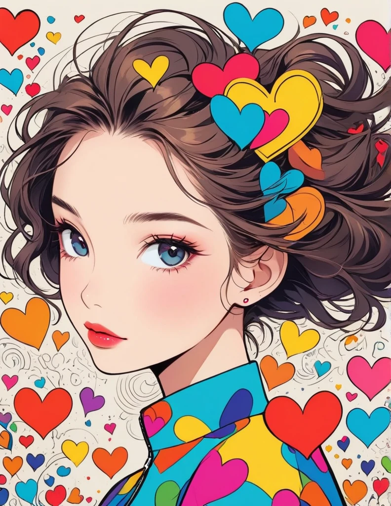 Keith Haring colorful style, Simple Line Initialism,Abstract art,Urban Background, (((The most beautiful girl of all time))), Sweet face. Lips in love, colorful hearts, stylish design