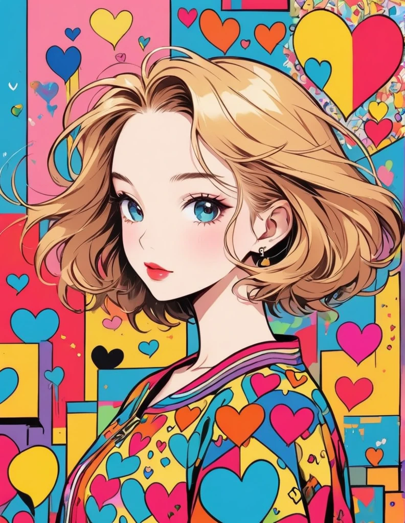 Keith Haring colorful style, Simple Line Initialism，Abstract art，Urban Background, (((The most beautiful girl of all time))), Sweet face. Lips in love, colorful hearts, stylish design